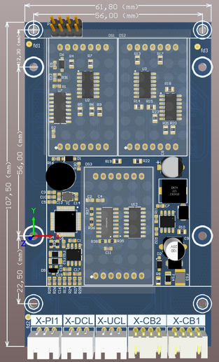 Technical drawing showing the outer dimensions and mounting holes of the BC-D3X board