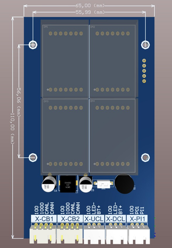 Technical drawing showing the outer dimensions and mounting holes of the BC-D4X board