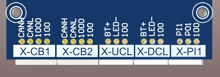 Close-up of the connectors and terminal names along the bottom edge of the BC-D4X board