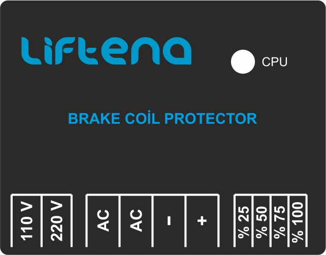Front face of the BRP module — 110 V, 220 V, AC, minus and plus terminals with the 25, 50, 75 and 100 percent switches