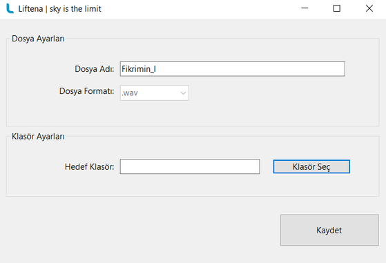 PapaganApp editing screen — file name, format, target folder and save fields