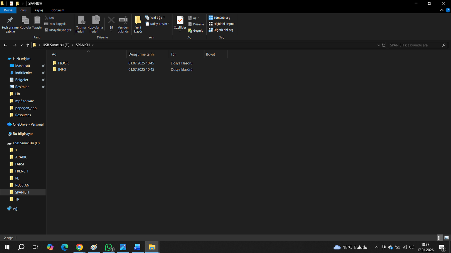 Screenshot showing the contents of the SPANISH language folder